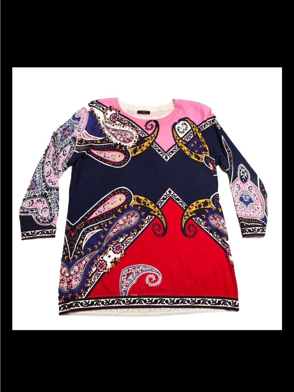 Talbots Women’s Paisley Knit Top - Pink Navy Red 3/4 Sleeve Size Medium Petite